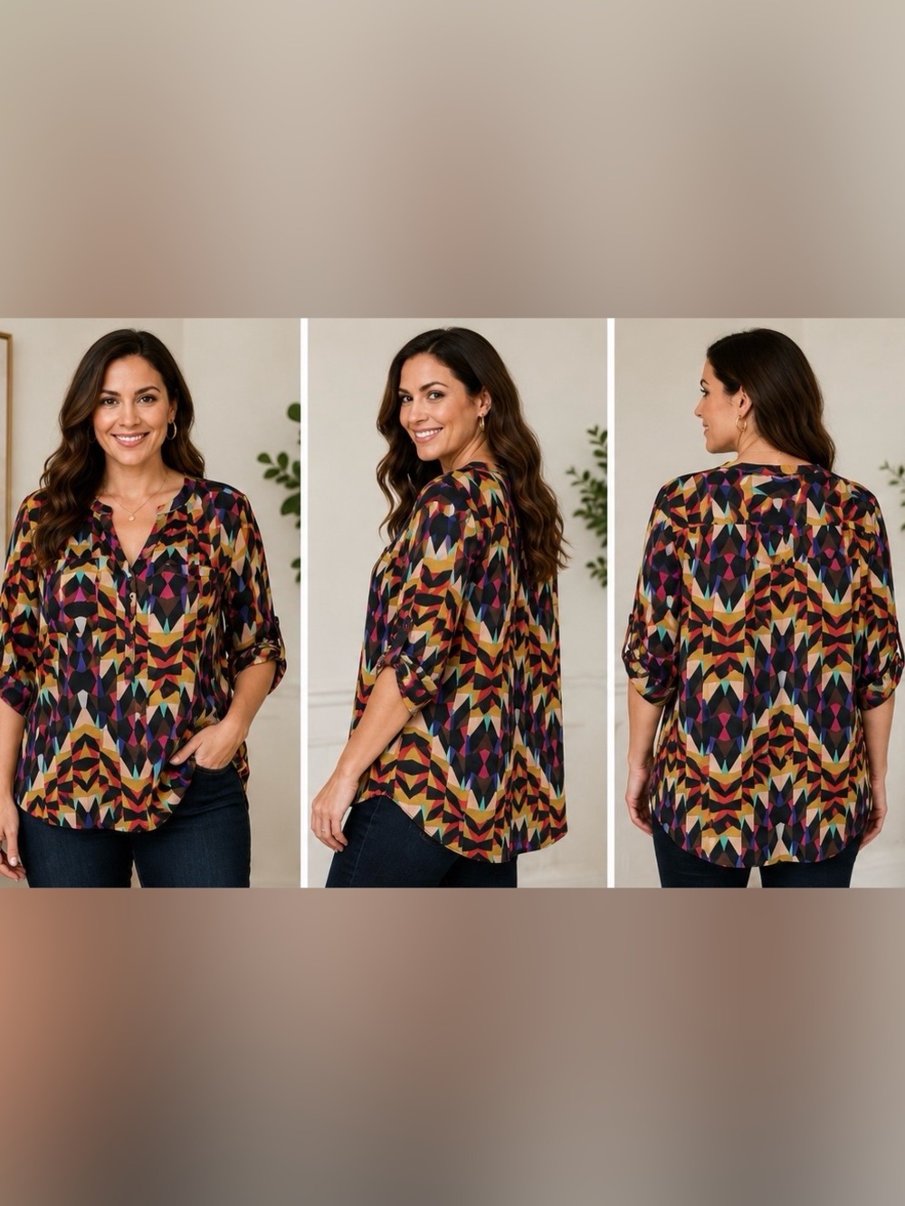 Jennifer Lauren Plus 1X Geometric Print Roll Tab Blouse Colorful Tunic Top